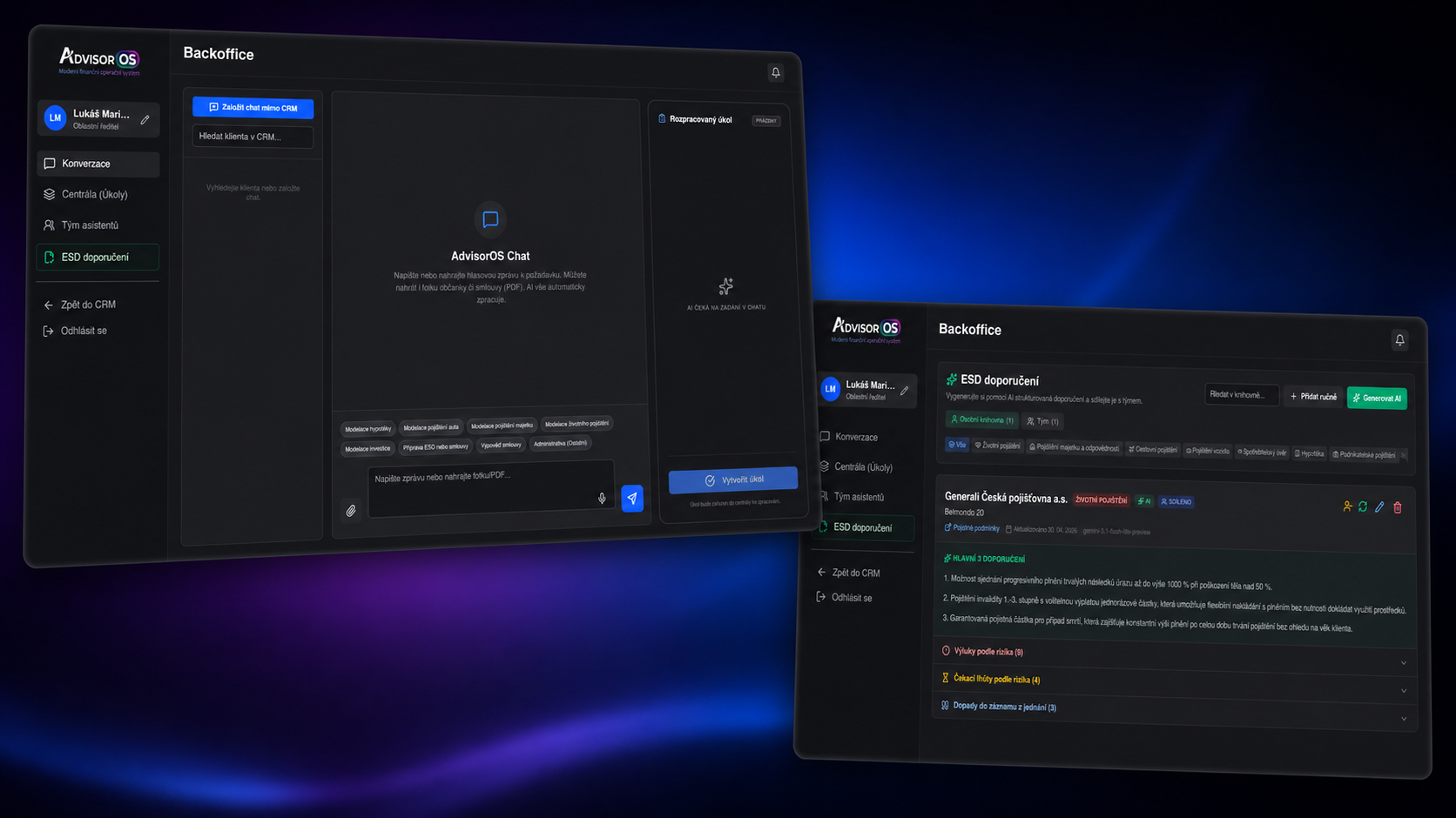 Backoffice s AI ESD doporučeními v AdvisorOS